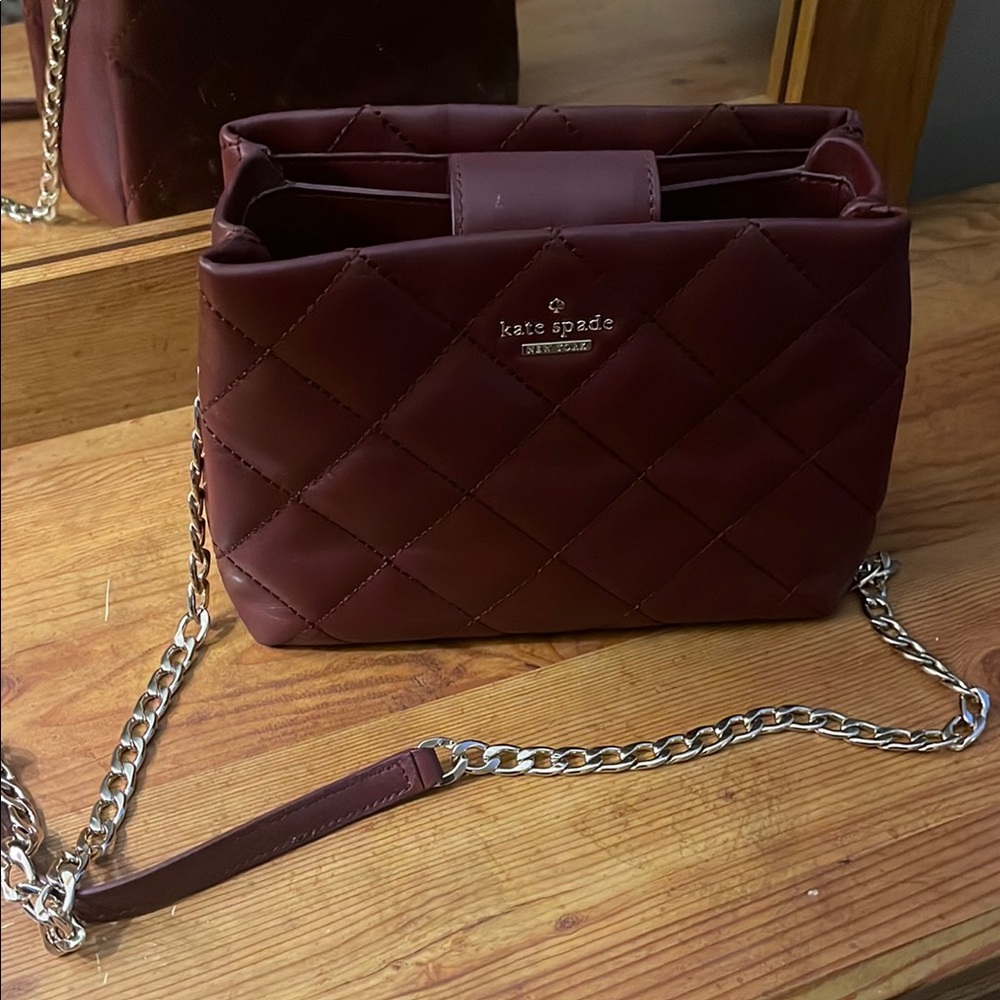 Kate Spade Red Crossbody Bag with Quilted Design and Silver Chain Strap